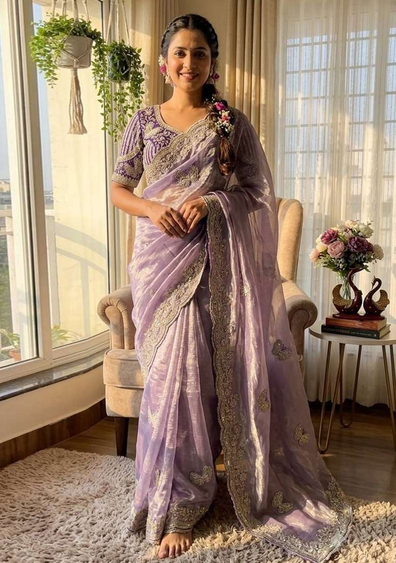 Purple Embroidery Fendi Saree Set - Indya