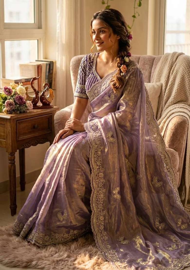 Purple Embroidery Fendi Saree Set - Indya