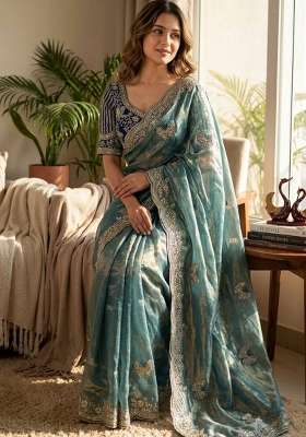 Sky Blue Embroidery Fendi Saree Set