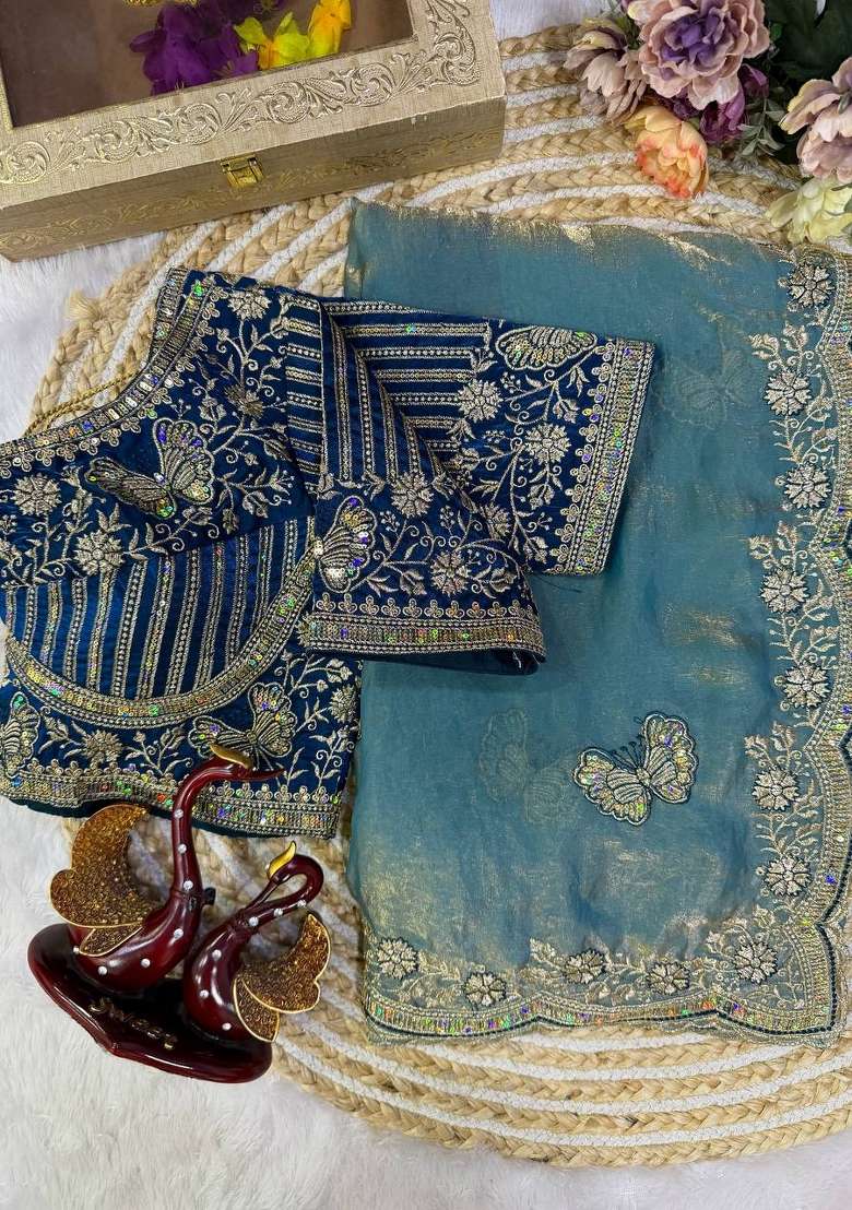 Sky Blue Embroidery Fendi Saree Set - Indya
