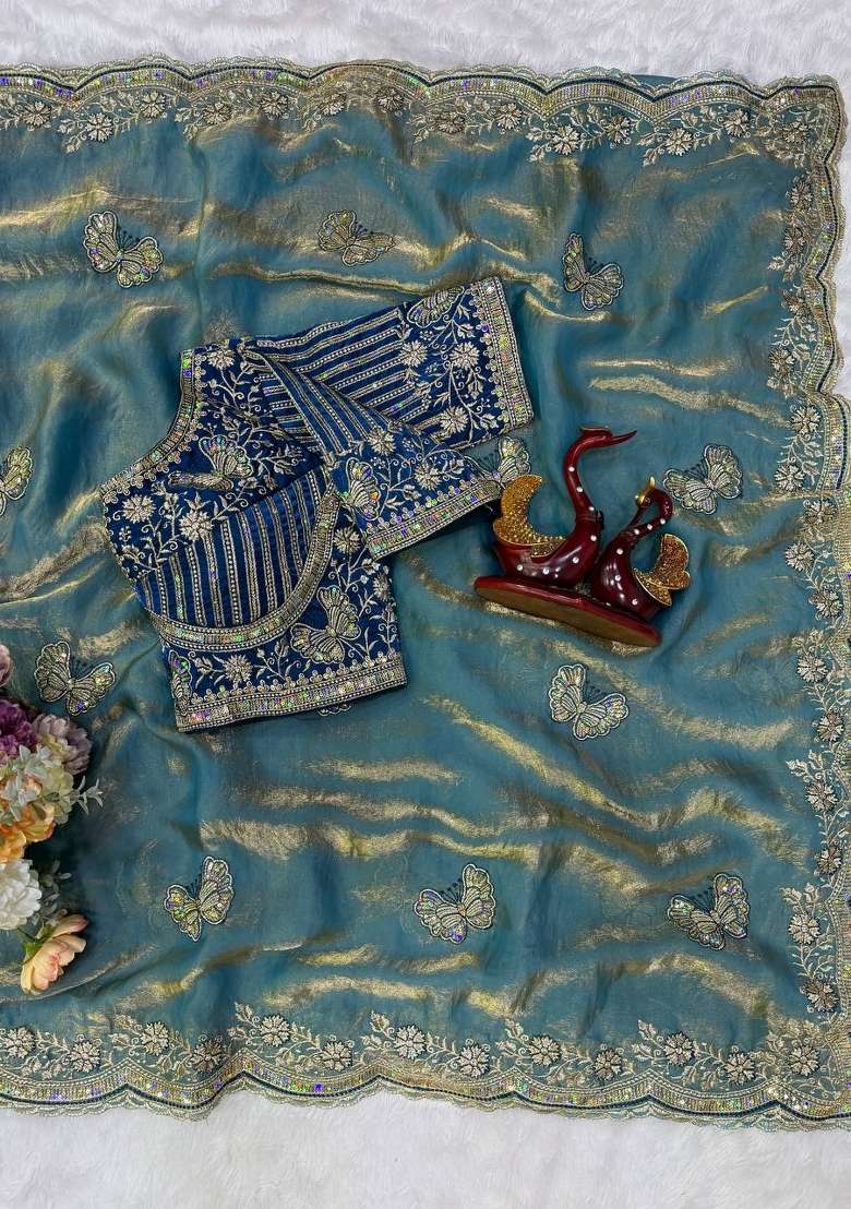 Sky Blue Embroidery Fendi Saree Set - Indya