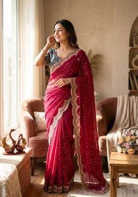 Rani Pink Embroidery Nc Zari Butti Saree Set