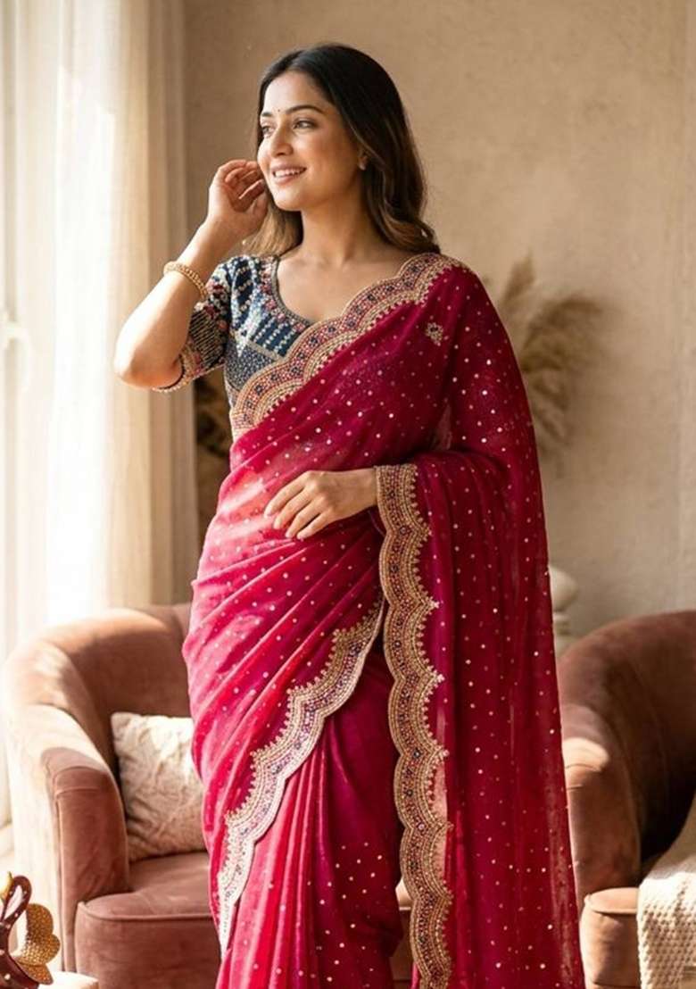 Rani Pink Embroidery Nc Zari Butti Saree Set - Indya