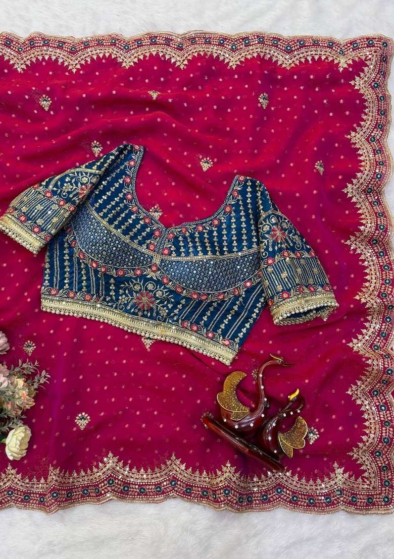 Rani Pink Embroidery Nc Zari Butti Saree Set - Indya