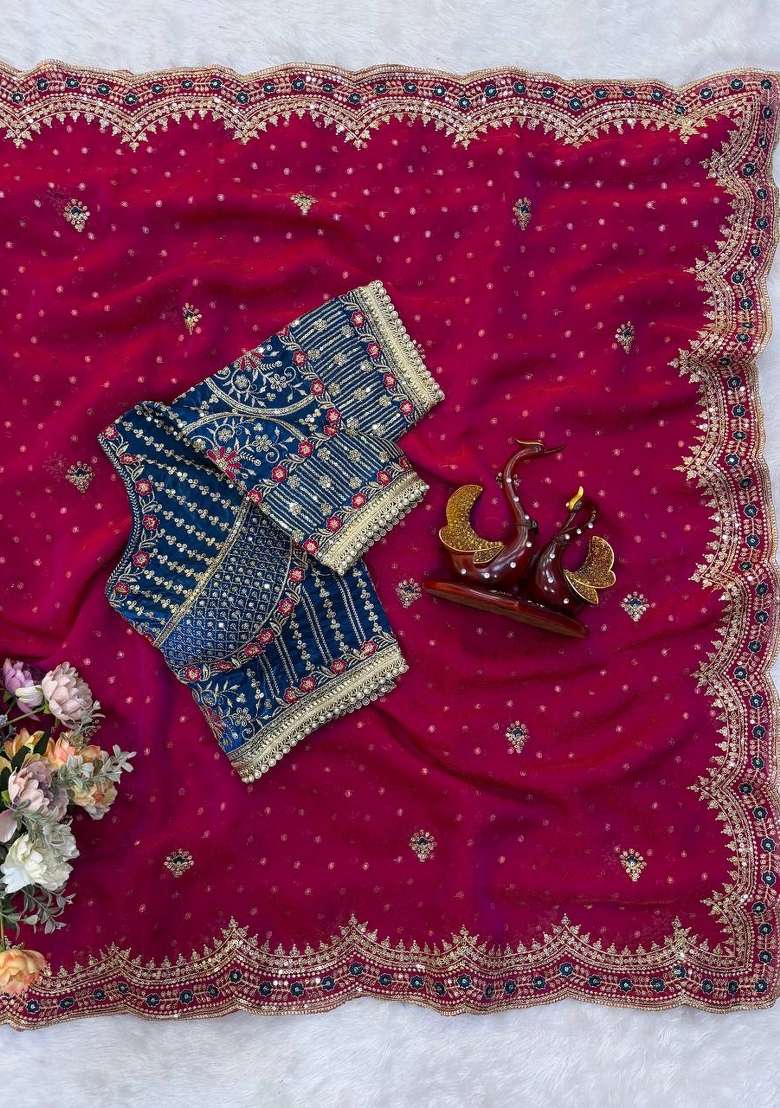 Rani Pink Embroidery Nc Zari Butti Saree Set - Indya