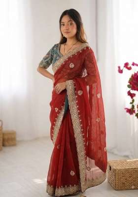 Red Embroidery Silk Saree Set