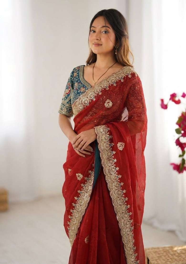 Red Embroidery Silk Saree Set - Indya