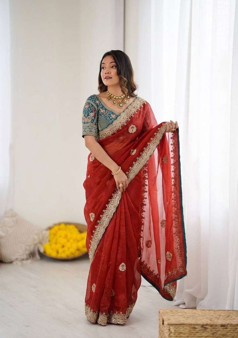 Red Embroidery Silk Saree Set - Indya