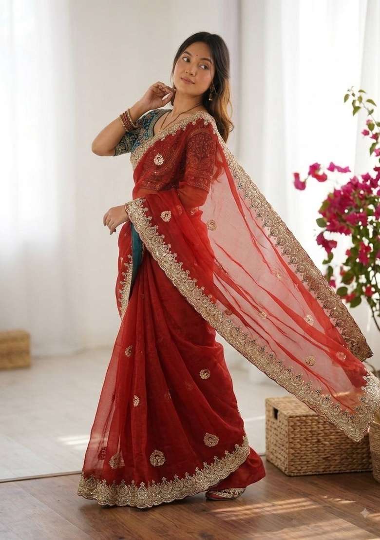Red Embroidery Silk Saree Set - Indya