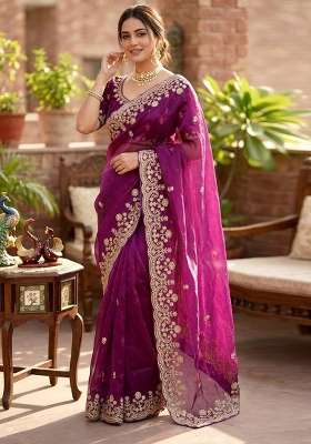 Purple Embroidery Silk Saree Set