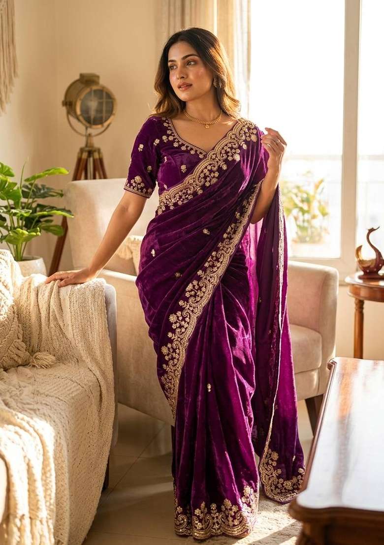 Purple Embroidery Silk Saree Set - Indya