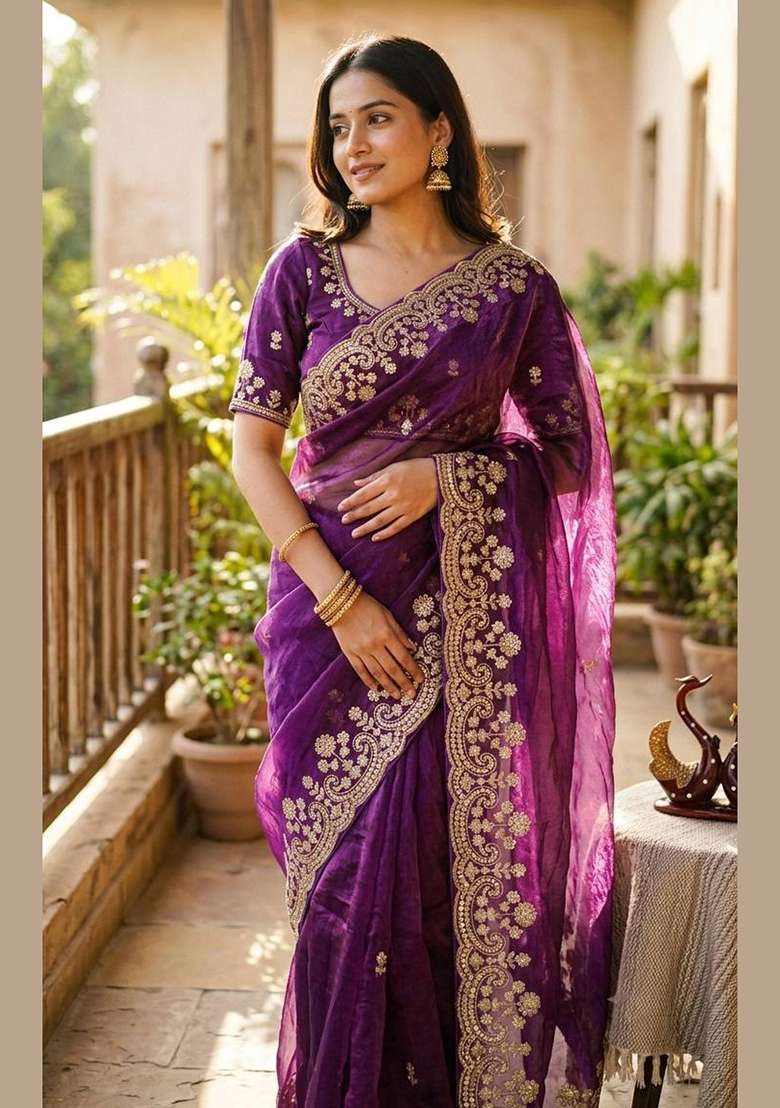Purple Embroidery Silk Saree Set - Indya
