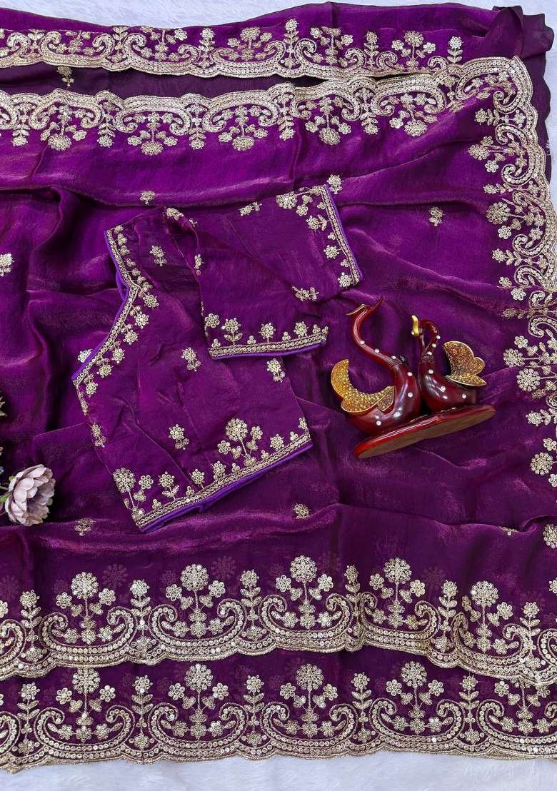 Purple Embroidery Silk Saree Set - Indya