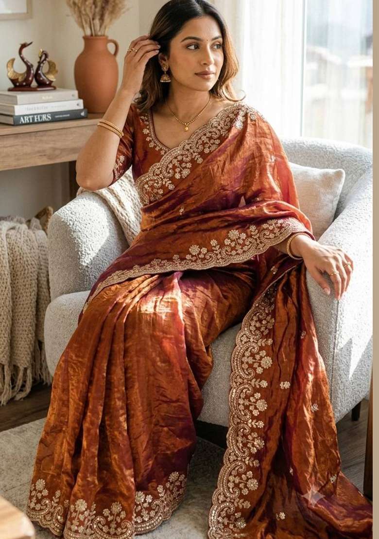 Rust Embroidery Silk Saree Set - Indya