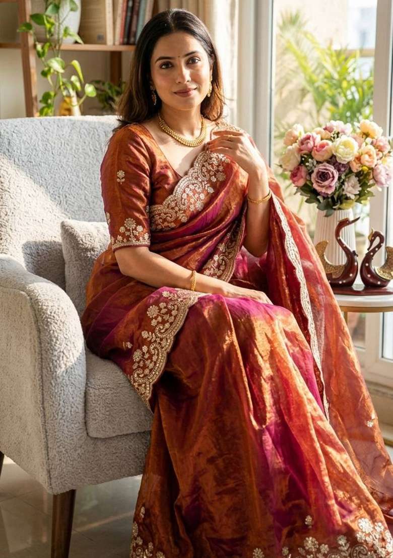 Rust Embroidery Silk Saree Set - Indya