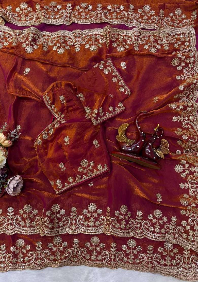 Rust Embroidery Silk Saree Set - Indya