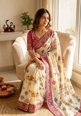 White Embroidery Silk Saree Set