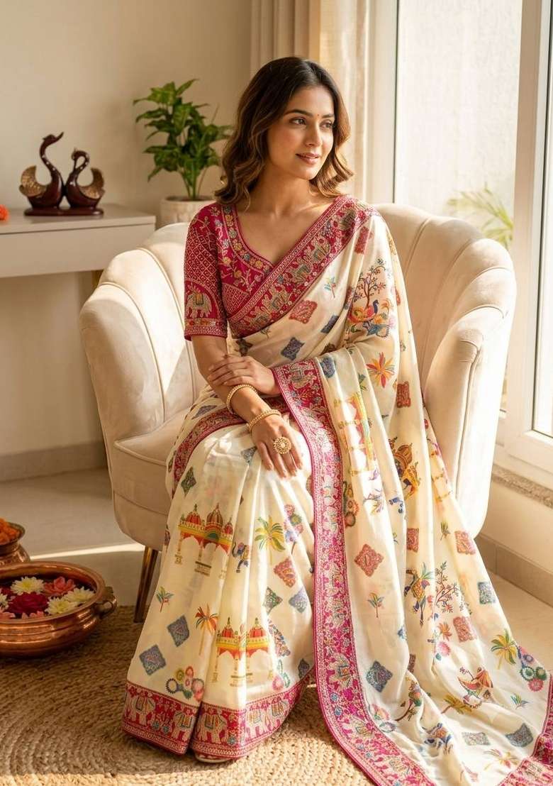 White Embroidery Silk Saree Set - Indya