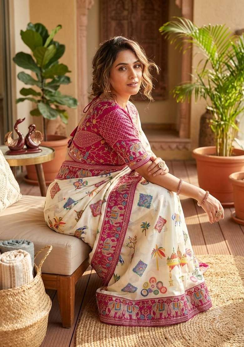 White Embroidery Silk Saree Set - Indya