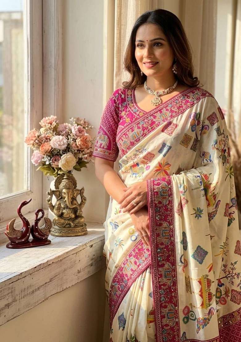 White Embroidery Silk Saree Set - Indya