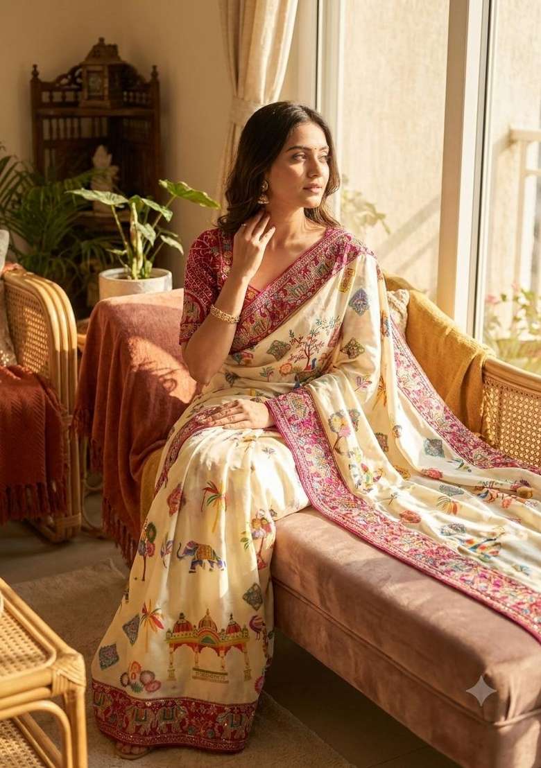 White Embroidery Silk Saree Set - Indya