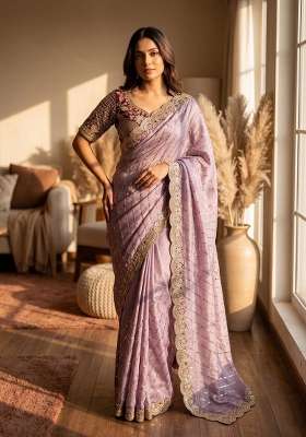 Purple Embroidery Silk Saree Set