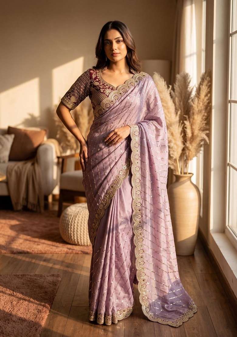 Purple Embroidery Silk Saree Set - Indya