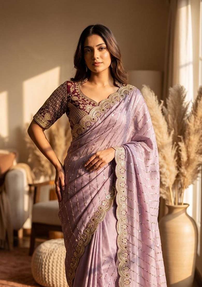 Purple Embroidery Silk Saree Set - Indya