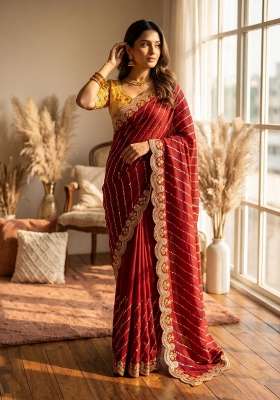 Red Embroidery Silk Saree Set