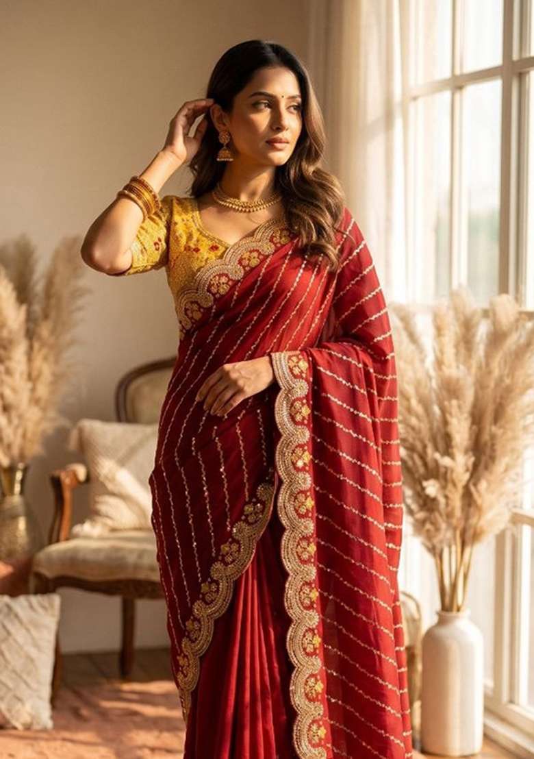Red Embroidery Silk Saree Set - Indya