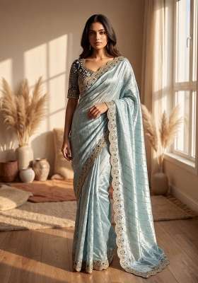 Sky Blue Embroidery Silk Saree Set