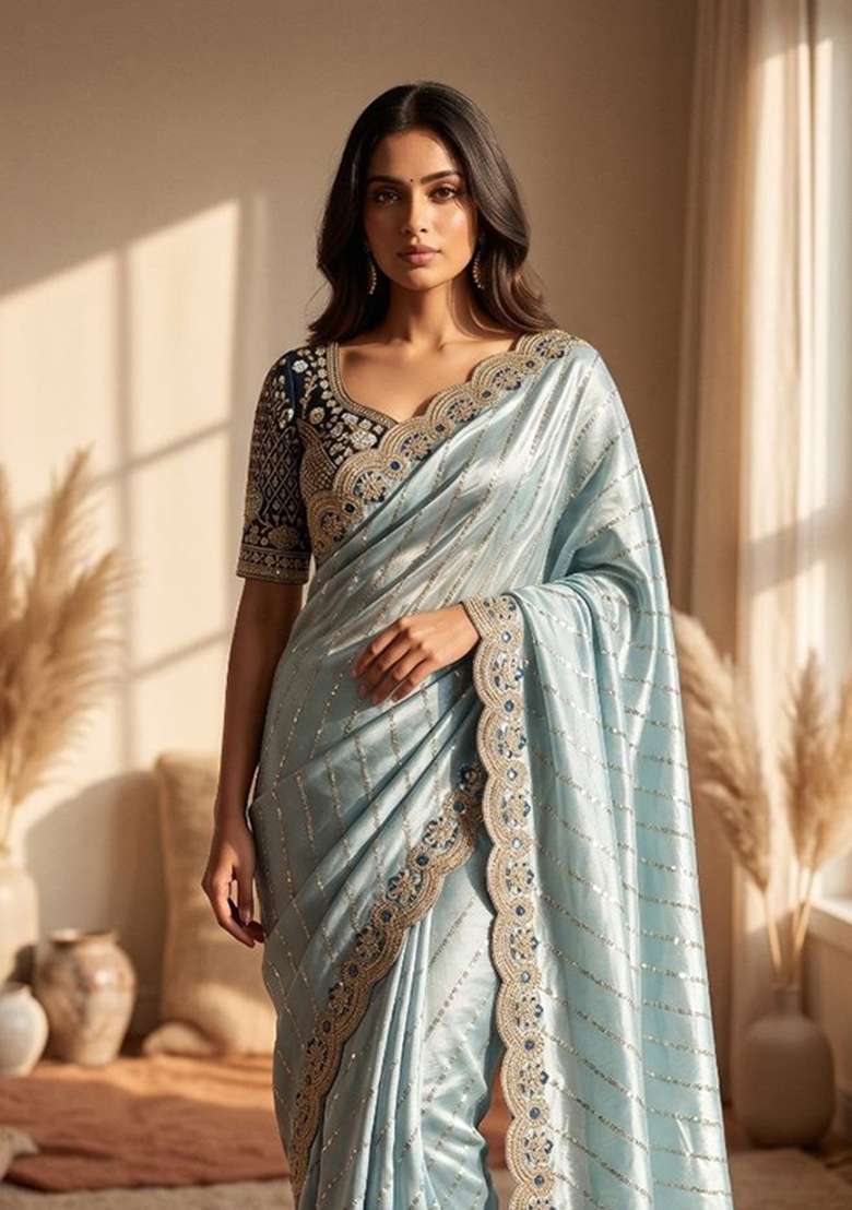 Sky Blue Embroidery Silk Saree Set - Indya
