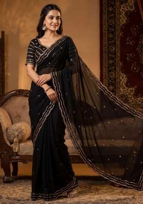 Black Embroidery Silk Saree Set