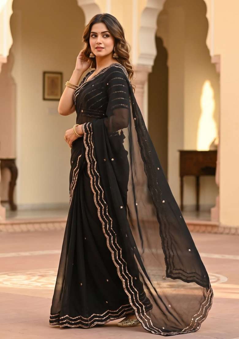 Black Embroidery Silk Saree Set - Indya