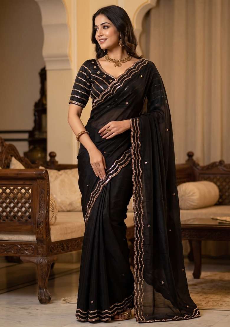 Black Embroidery Silk Saree Set - Indya