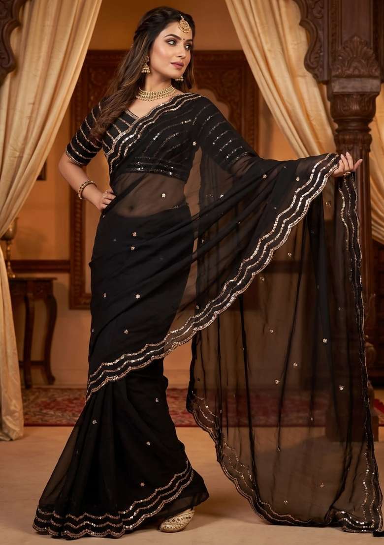 Black Embroidery Silk Saree Set - Indya