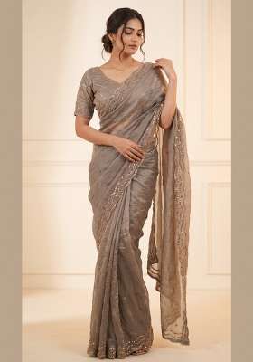 Grey Embroidery Silk Saree Set