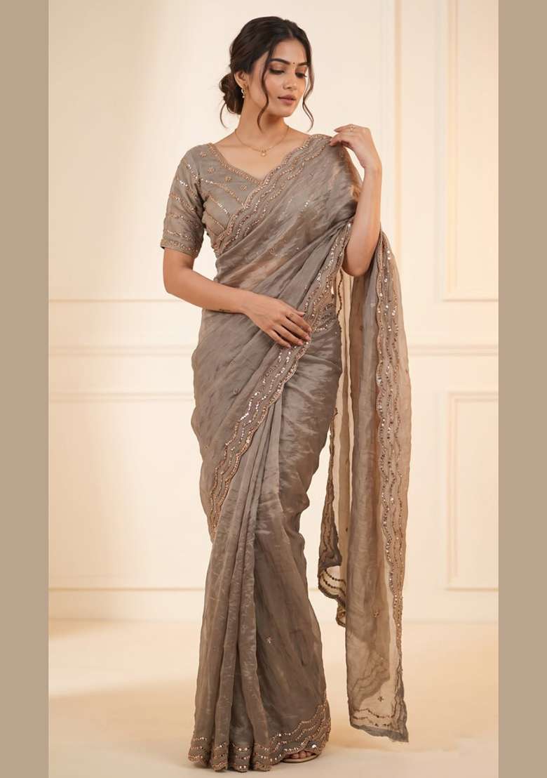 Grey Embroidery Silk Saree Set - Indya