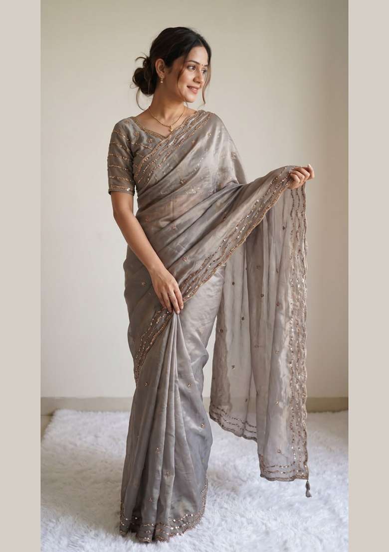 Grey Embroidery Silk Saree Set - Indya