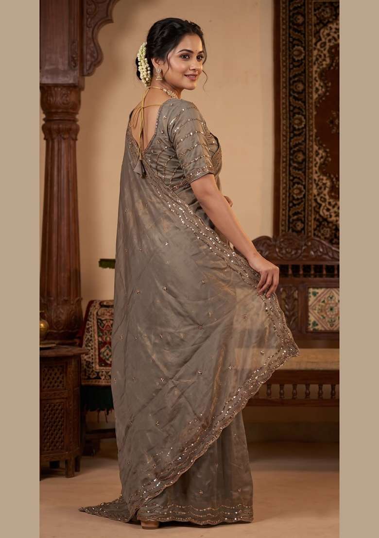 Grey Embroidery Silk Saree Set - Indya