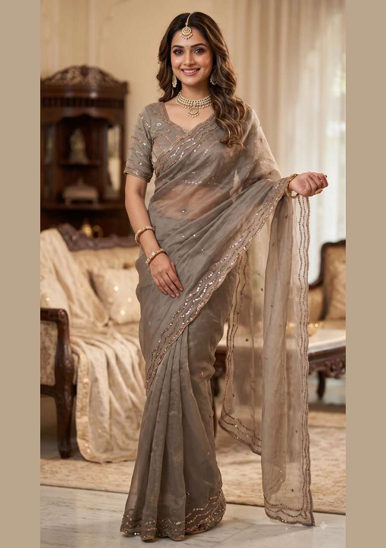 Grey Embroidery Silk Saree Set - Indya