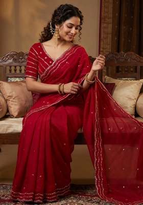 Red Embroidery Silk Saree Set