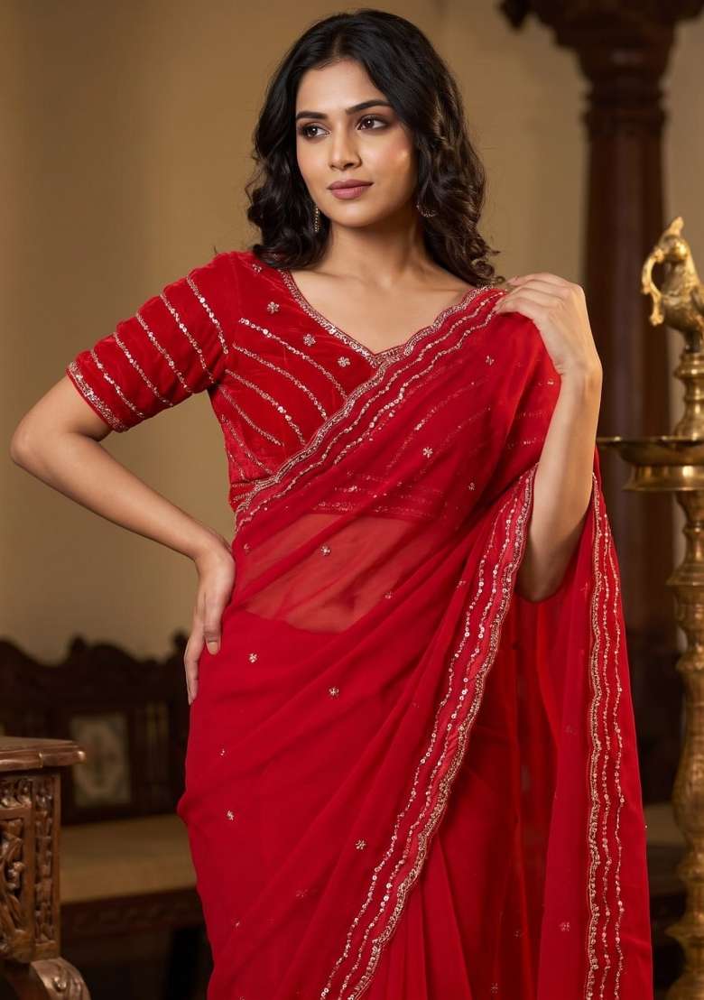 Red Embroidery Silk Saree Set - Indya