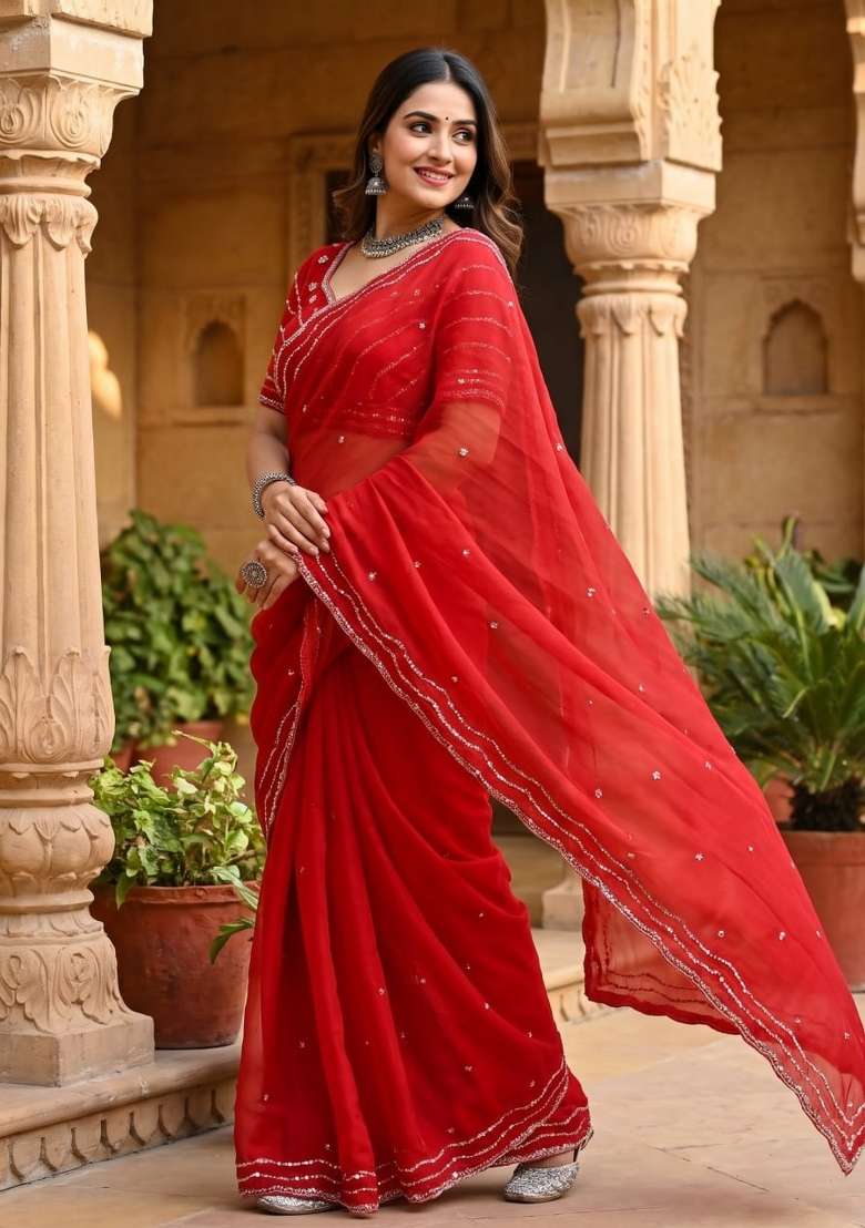Red Embroidery Silk Saree Set - Indya