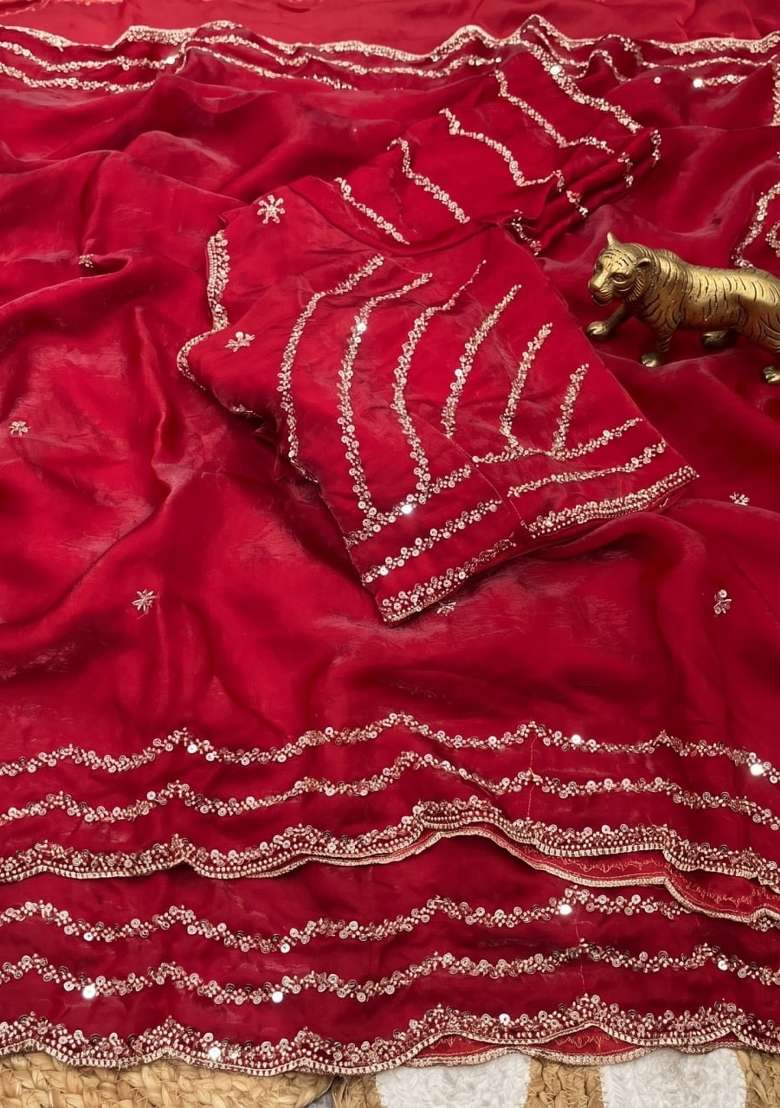 Red Embroidery Silk Saree Set - Indya