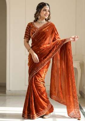 Rust Embroidery Silk Saree Set