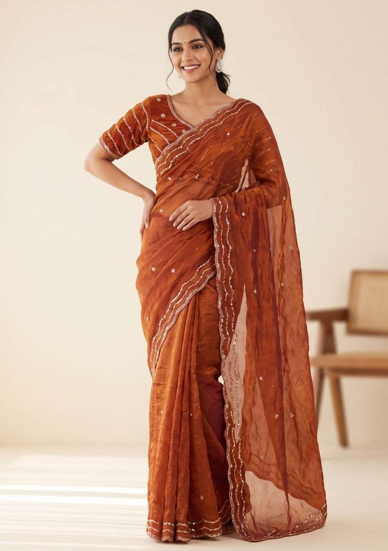 Rust Embroidery Silk Saree Set - Indya
