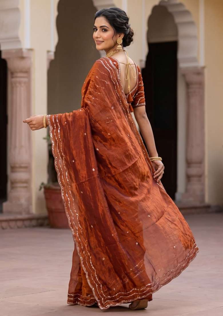 Rust Embroidery Silk Saree Set - Indya