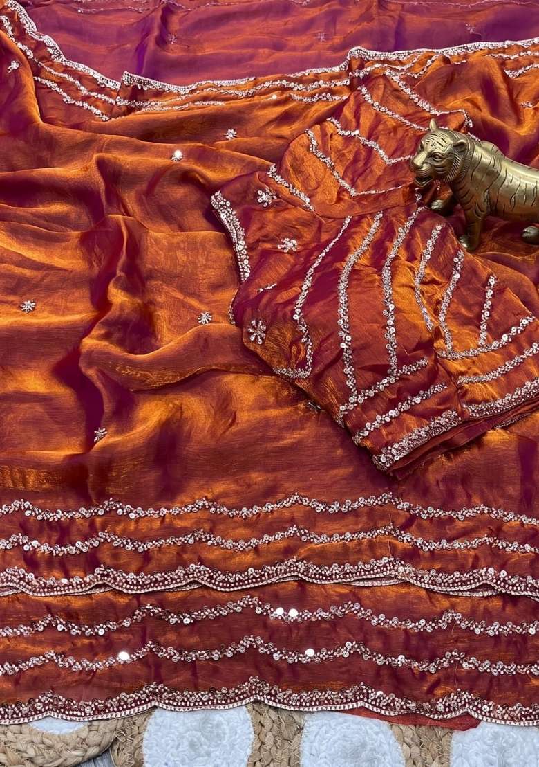 Rust Embroidery Silk Saree Set - Indya