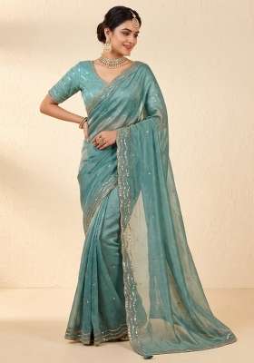 Sky Blue Embroidery Silk Saree Set